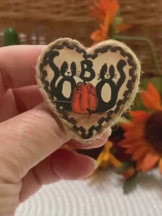 BOO Black Cat Halloween Heart Pin – OOAK Hand Painted Brooch