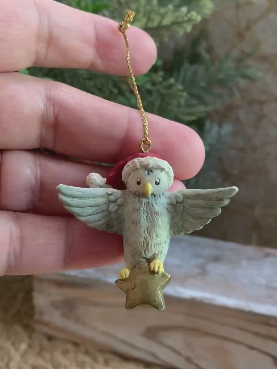 Vintage Disney Owl Christmas Ornament – Santa Hat & Star – 1.5” Resin Figure