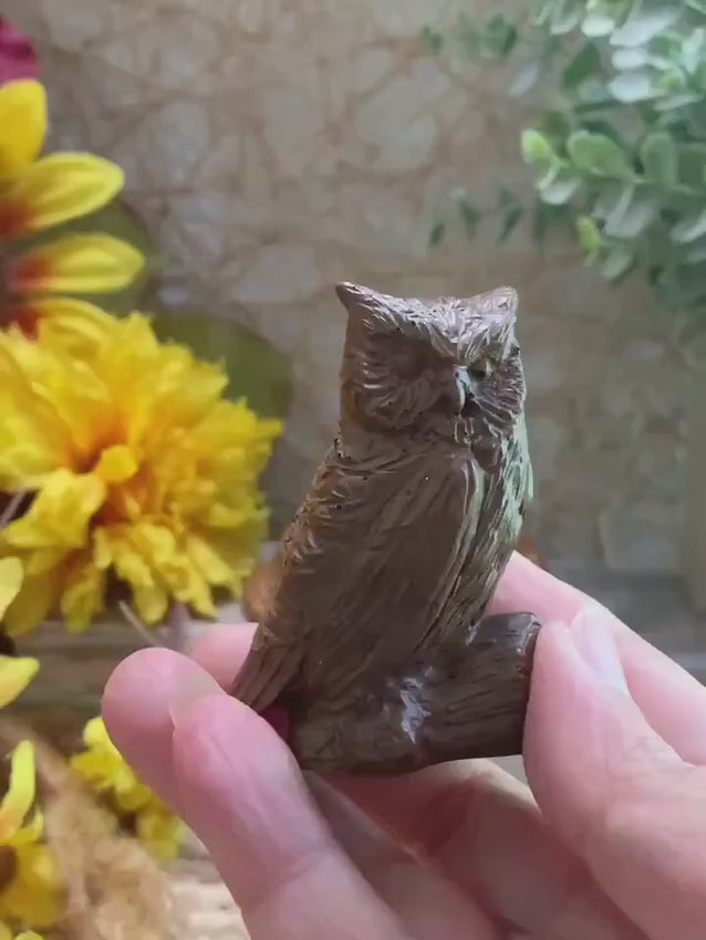 Mini Resin Owl Figurine – 2.25” Tall – Faux Wood Look – Rustic Wildlife Decor