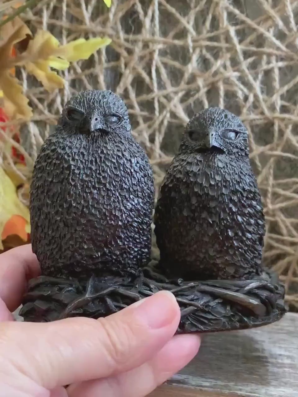 Vintage Fisher Owl Sculpture – Heavy Resin Twin Owls on Nest – Made in England – Rustic Wildlife Decor