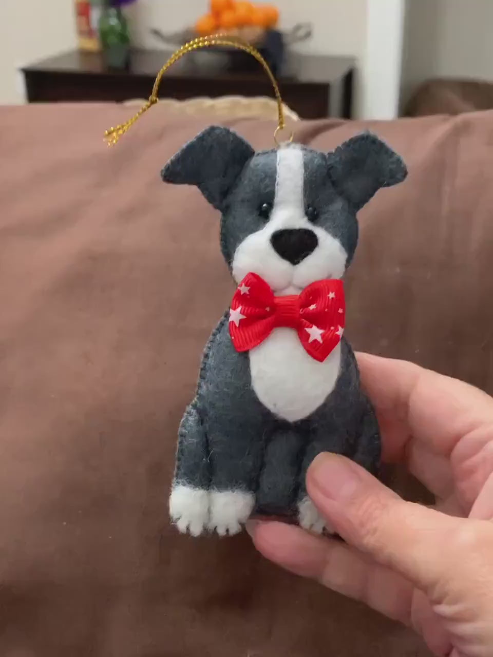 Blue Nosed Pitbull Felt Ornament with white patches and white paws
