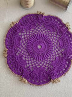 Load and play video in Gallery viewer, Handmade Crochet Doily Set – Purple and Champagne Gold Victorian Table Decor
