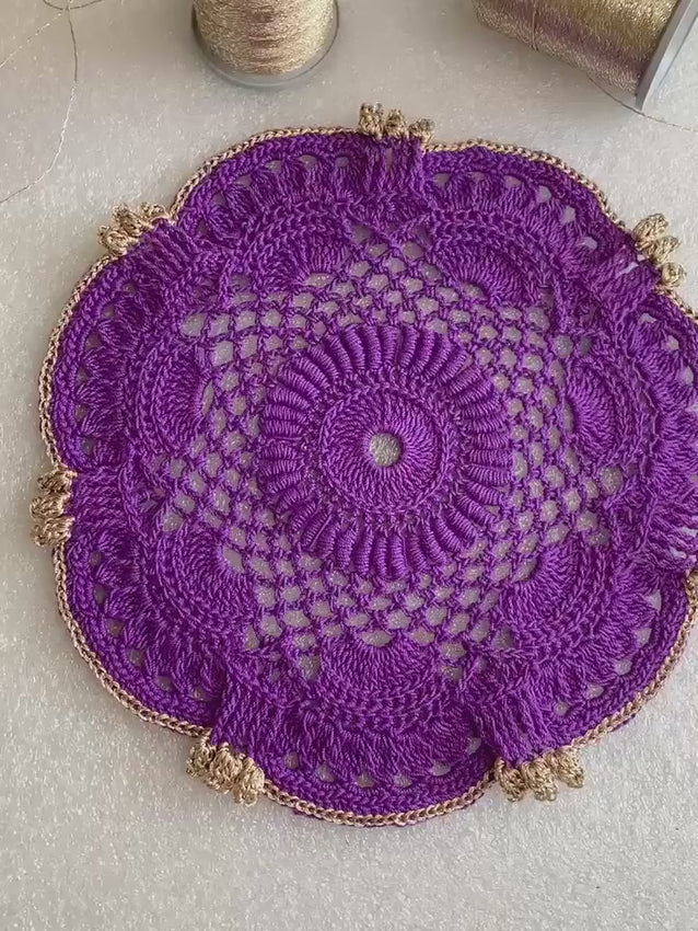 Handmade Crochet Doily Set – Purple and Champagne Gold Victorian Table Decor