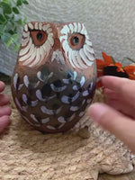 Load and play video in Gallery viewer, Hand-Painted Terra Cotta Owl – Folk Art Sculpture – Rustic Owl Figurine

