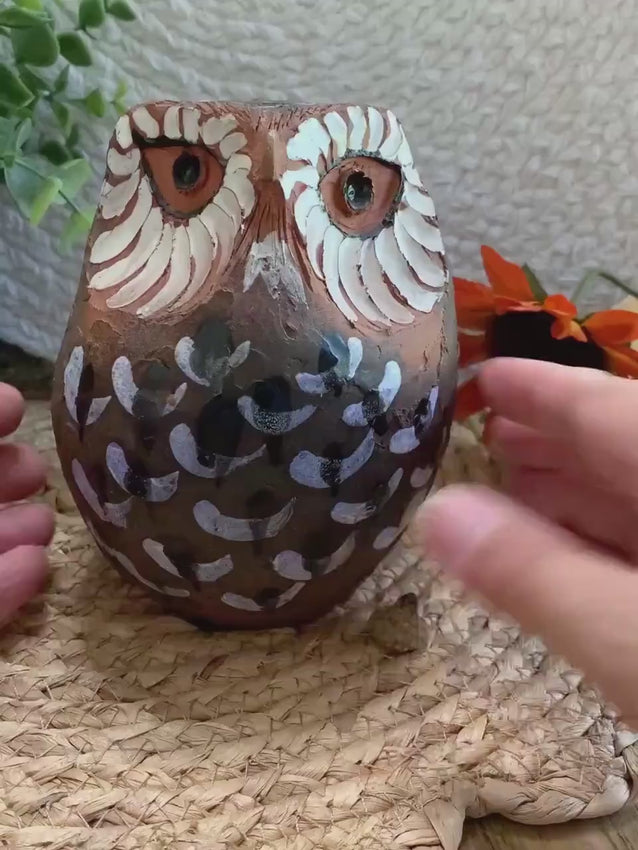 Hand-Painted Terra Cotta Owl – Folk Art Sculpture – Rustic Owl Figurine