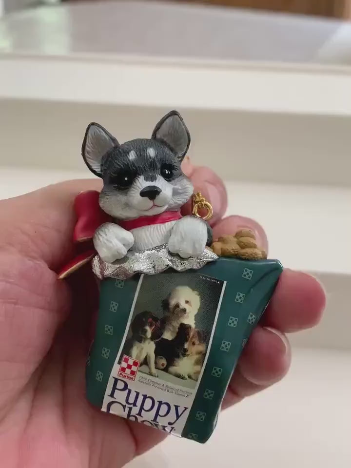 1995 Purina Puppy Chow Ornament by Enesco- Puppy in Dogfood Bag Ornament