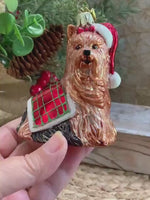 Load and play video in Gallery viewer, Vintage KSA Glass Yorkie Dog Christmas Ornament – Hand Painted Plaid Coat
