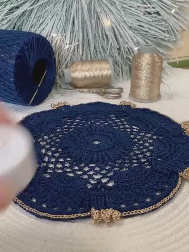 Handmade Crochet Tea Light Holder – Navy Blue and Champagne Gold Victorian Table Decor