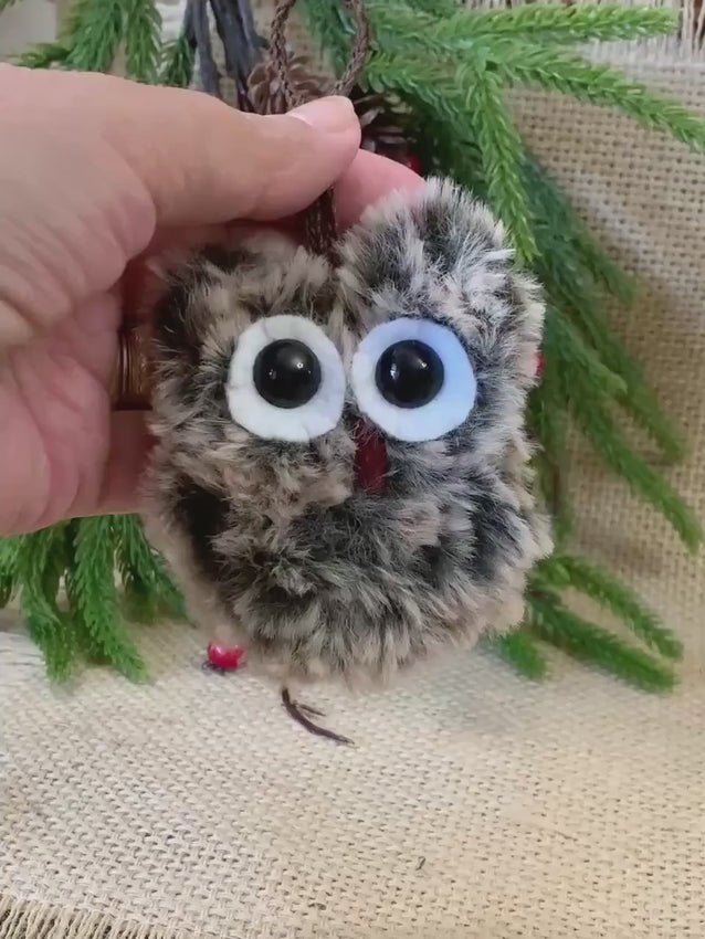Set of 2 Handmade Fuzzy Owl Ornaments – 3” Flat Owls with Crochet Hangers
