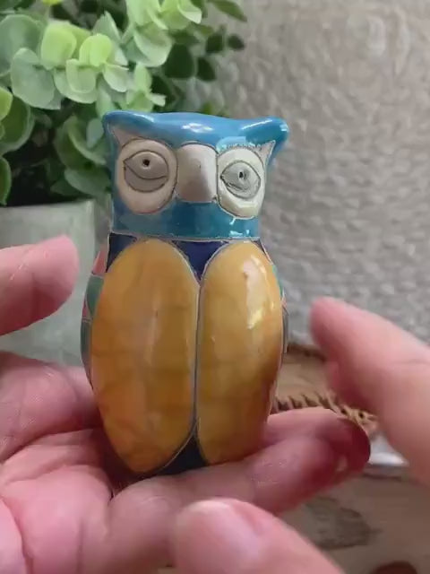 Colorful Tonala Style Ceramic Owl Figurine - Hand Painted Folk Art Owl