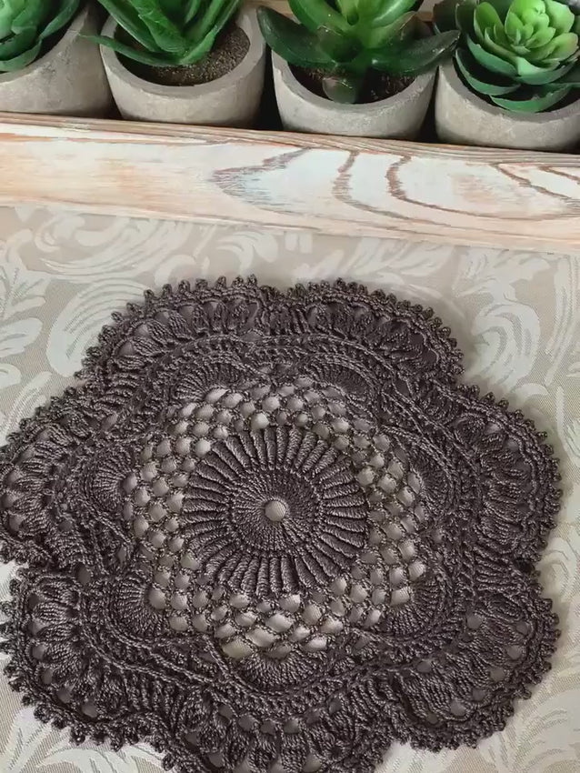 7 1/2”  Textured Crochet Doily - Charcoal Gray Lace Centerpiece