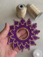 Load and play video in Gallery viewer, Handmade Crochet Tea Light Doily – Purple and Champagne Gold Victorian Table Decor
