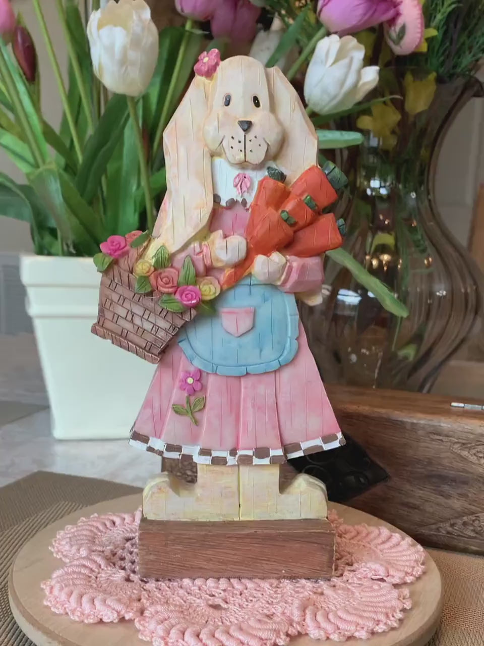 Vintage Resin Easter Bunny Girl Figurine with Doily