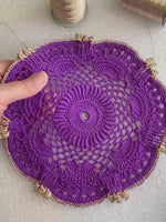 Load and play video in Gallery viewer, Handmade Crochet Doily 8 Inch – Purple and Champagne Gold Elegant Table Decor
