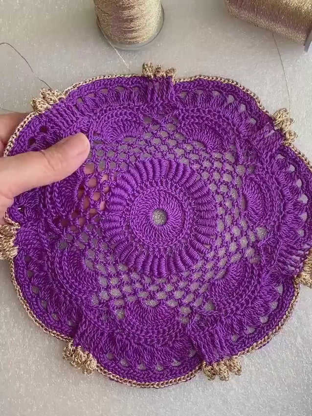 Handmade Crochet Doily 8 Inch – Purple and Champagne Gold Elegant Table Decor