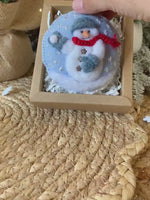 Load and play video in Gallery viewer, Hand Stitched Round Needle Felted Snowman Ornament - 3.5 Inch Embroidered Christmas Ornament with Tiny Rhinestones
