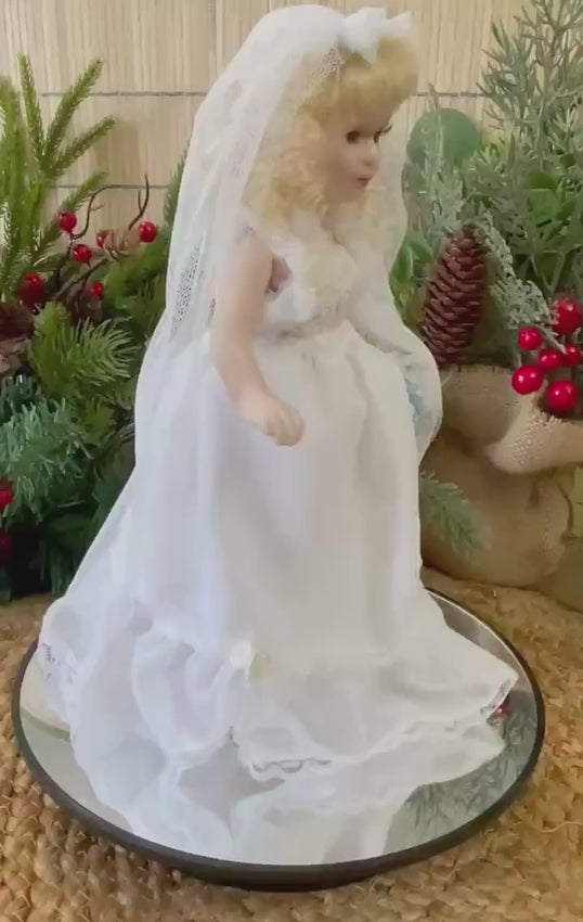 Vintage 8” Porcelain Bride Doll - Blonde Curly Hair, Lace Wedding Dress with Veil, Bouquet & Stand - Collectible Wedding Doll