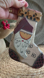 Load and play video in Gallery viewer, Hand Painted Santa Stocking Ornament – Rustic Country Christmas Decor
