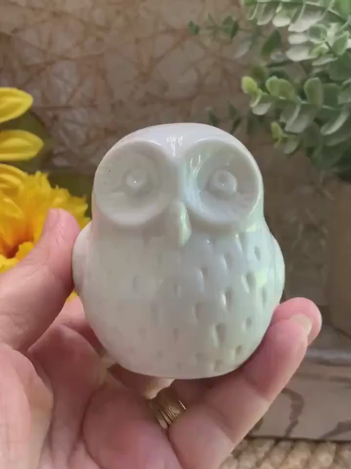 Mini White Ceramic Owl Figurine – 3” Tall – Glossy Pottery Modern Decor