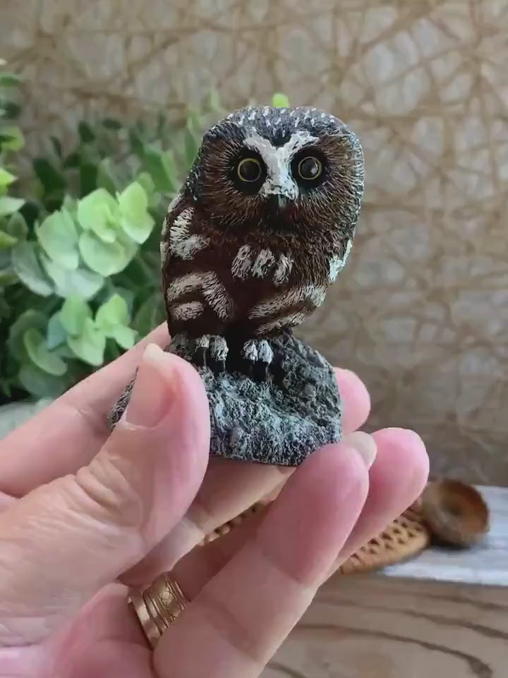 Mini Cold Bronze Owl Figurine – Charles Earnhardt – Saw-Whet Owl Wildlife Art