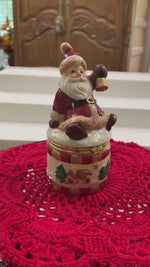 Load and play video in Gallery viewer, 4 1/2” Vintage Santa Claus Hinged Porcelain Trinked Box Round
