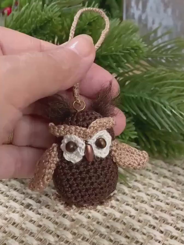 Handmade Amigurumi Owl Ornament – 2” Crochet Woodland Bird with Wooden Bead Eyes and Needle Felted Tufts