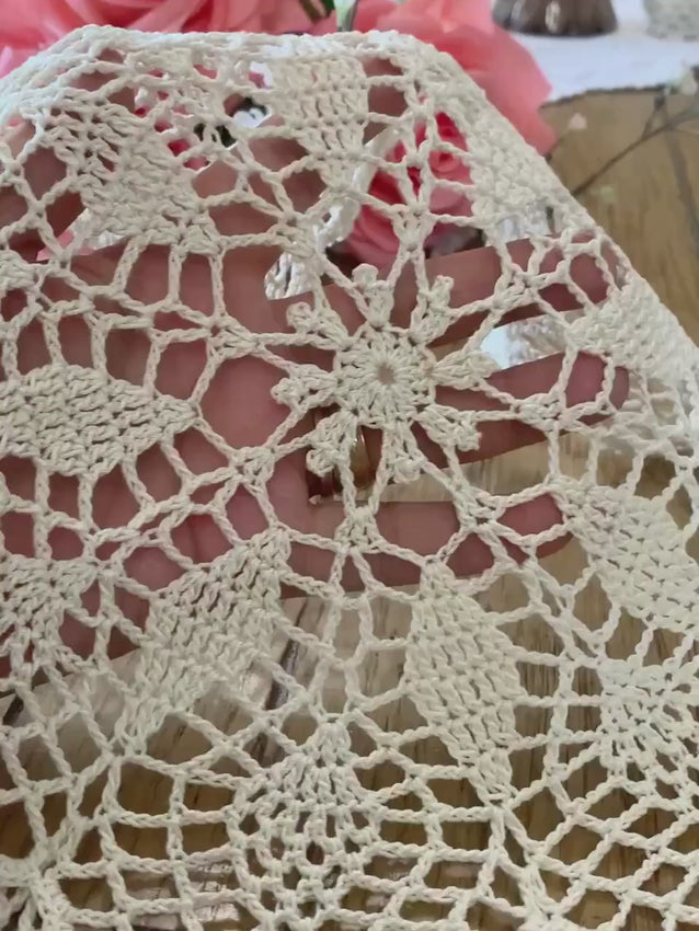 Hand Crocheted Pineapple Star Doily - Antique White Lace Centerpiece - 13”