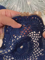 Load and play video in Gallery viewer, Handmade Crochet Doily 8.5 Inch – Navy Blue and Champagne Gold Elegant Table Decor
