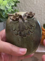 Load and play video in Gallery viewer, Studio Pottery Owl Figurine - Speckled Green Brown Ceramic 3.5” Tall
