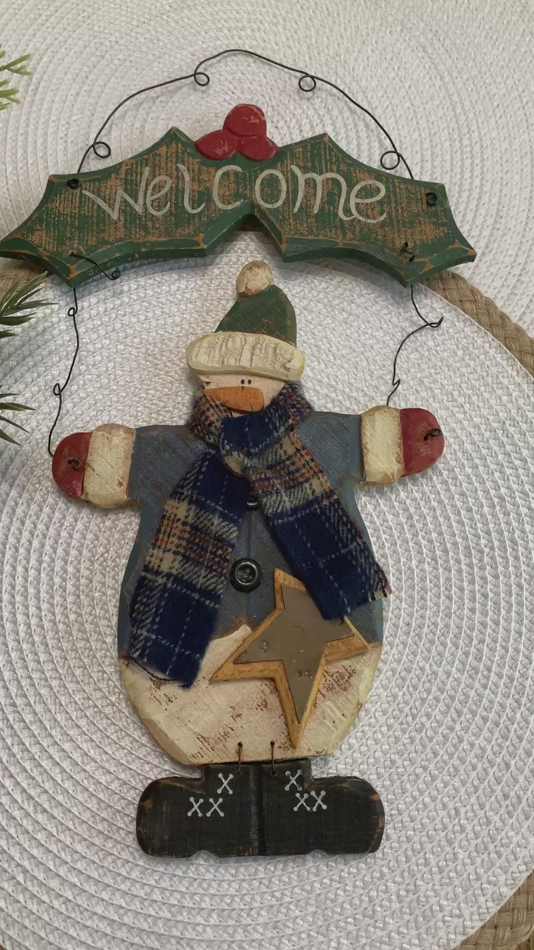 Rustic Wooden Snowman Welcome Sign Primitive Country Christmas Door Hanger 16 Inch