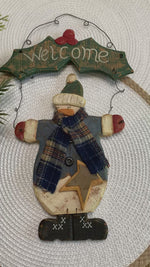 Load and play video in Gallery viewer, Rustic Wooden Snowman Welcome Sign Primitive Country Christmas Door Hanger 16 Inch
