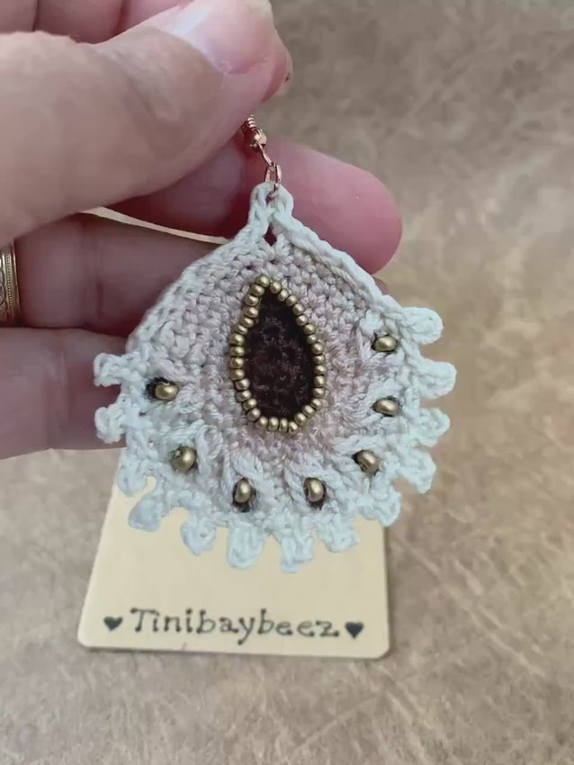 Handmade Crochet Teardrop Earrings with Gold Beads – Boho Statement Jewelry
