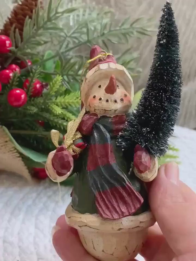 Vintage Snowman Ornament with Bottle Brush Tree – Rustic Pot Holiday Decor