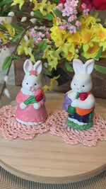 Load and play video in Gallery viewer, Ceramic Easter Bunny Salt and Pepper Shaker set on mini doilies
