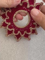 Load and play video in Gallery viewer, Handmade Crochet Tea Light Doily 4.5 Inch – Burgundy and Champagne Gold Victorian Decor

