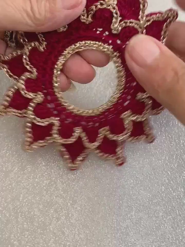 Handmade Crochet Tea Light Doily 4.5 Inch – Burgundy and Champagne Gold Victorian Decor