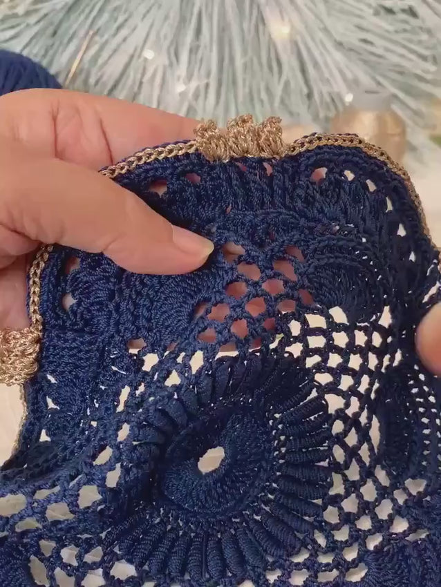 Handmade Crochet Doily Set – Navy Blue and Champagne Gold Victorian Table Decor
