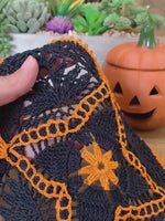 Load and play video in Gallery viewer, 8” Square Dimensional Crocheted Doily- Black with Orange Accents
