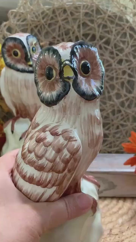 Vintage Italian Owl Figurines – Hand Painted Ceramic Pottery Pair – Marked Italy – 8 Inch Tall Owls