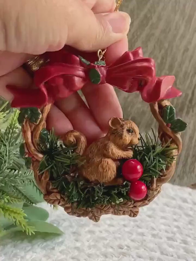 Vintage Squirrel Ornament - Silvestri Wreath with Bow and Berries - 1980s Taiwan