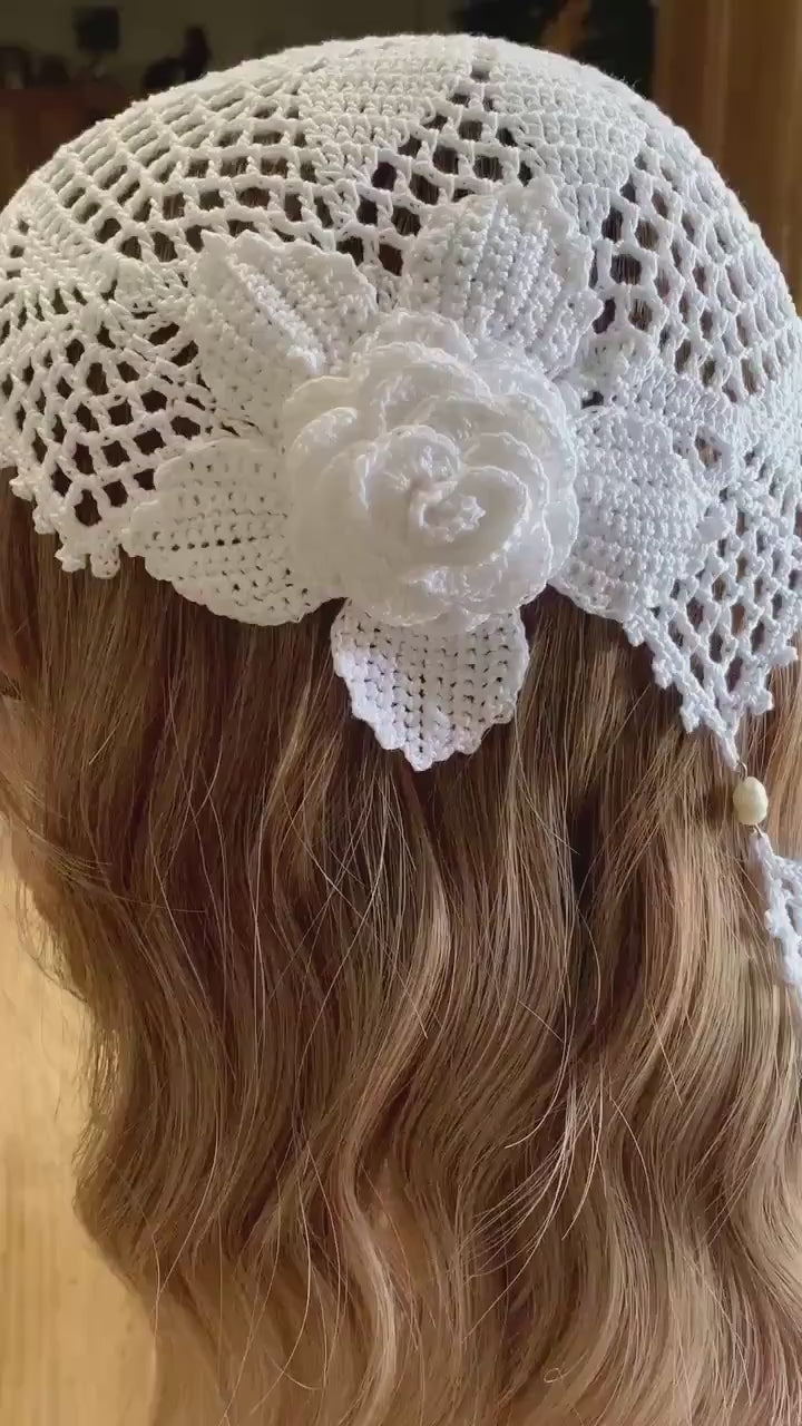 Crochet  Wedding Veil- Two Tiers connected with  Freshwater Pearls