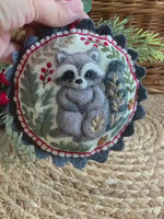 Load and play video in Gallery viewer, Felt Raccoon Ornament – Embroidered and Needle Felted Woodland Animal
