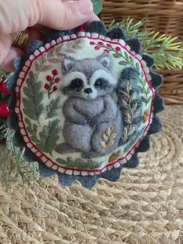 Felt Raccoon Ornament – Embroidered and Needle Felted Woodland Animal