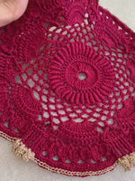 Load and play video in Gallery viewer, Handmade Crochet Doily 8 Inch – Burgundy and Champagne Gold Elegant Table Decor
