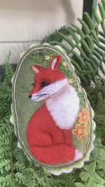 Load and play video in Gallery viewer, Felt Fox Ornament – Hand Embroidered – Needle Felted – Woodland Animal with Floral Accents
