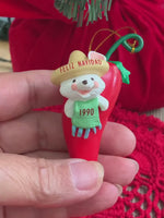 Load and play video in Gallery viewer, Vintage Hallmark “Feliz Navidad “ Mouse with Sombrero on a hot Chili Pepper Keepsake Ornament
