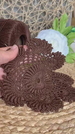 Load and play video in Gallery viewer, Set of 2 Chocolate Brown Crochet Doilies | 6.5” Round Dimensional Lace | Handmade Cotton Home Décor
