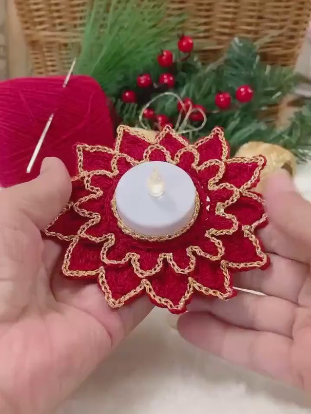 Handmade Crochet Poinsettia Tea Light Holder – Cardinal Red and Gold Table Decor