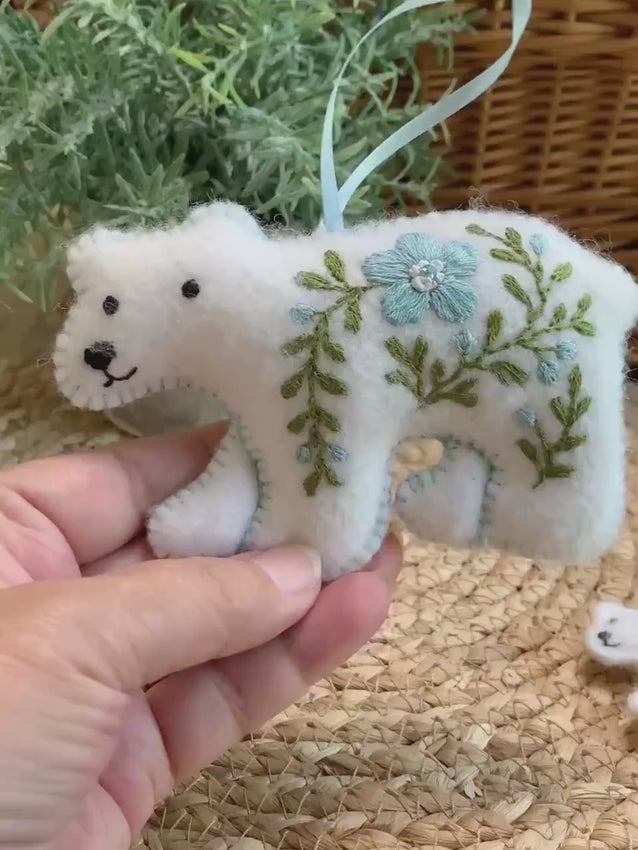 Heirloom Felt Polar Bear Ornament Set Baby Blue – Embroidered Mama and Baby – Handmade Gift for Nursery or Holiday Keepsake