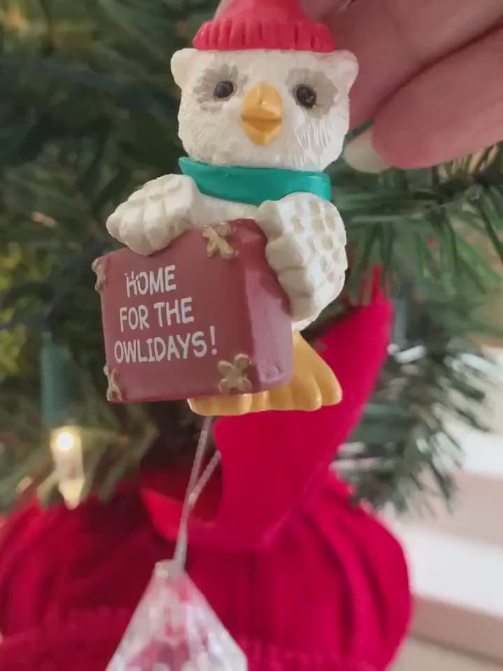 Vintage Hallmark Owl Ornament „ Home for the Owlidays“ 1990 Keepsake Ornament